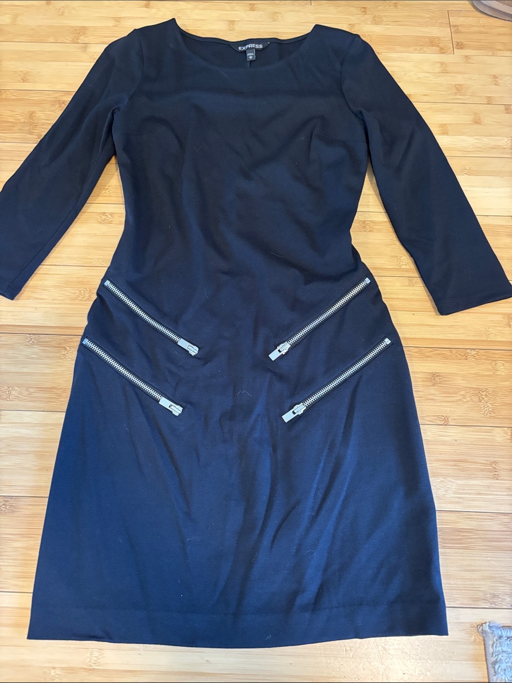 Express Black Long-Sleeve Sheath Dress with Silver Zipper Accents
